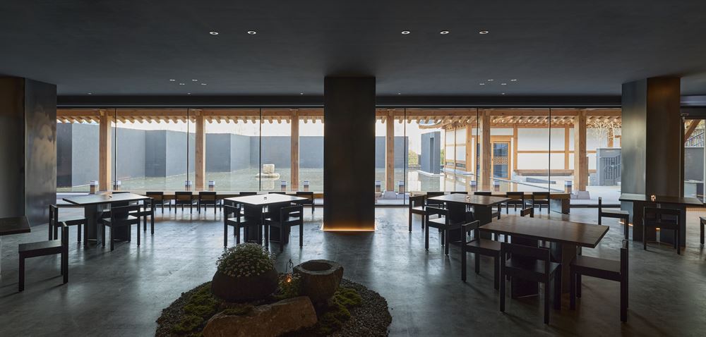 Dining lounge looking out onto the water garden