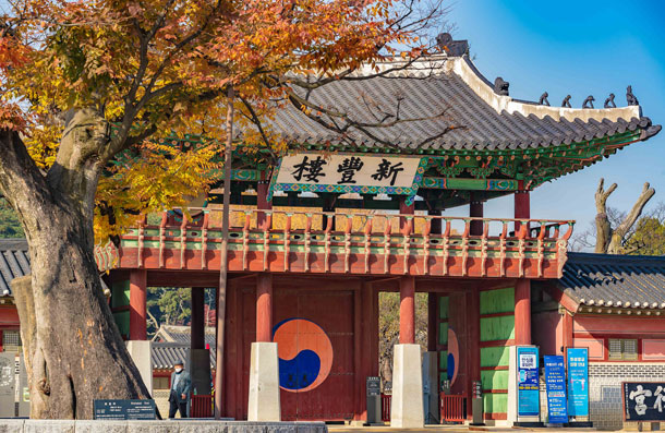 태극 문양이 그려진 신풍루 정문 전경, 가을 단풍나무가 곁을 감싸고 있다